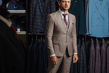 Мужской костюм тройка серого цвета гладкий